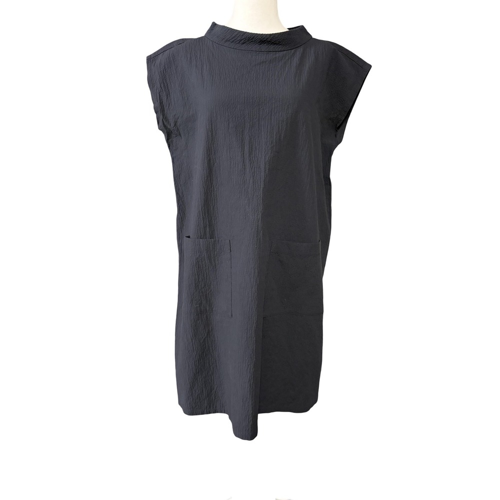 Eileen Fisher Dress Womens Petite PS Black Textured Mock Neck Shift Pockets